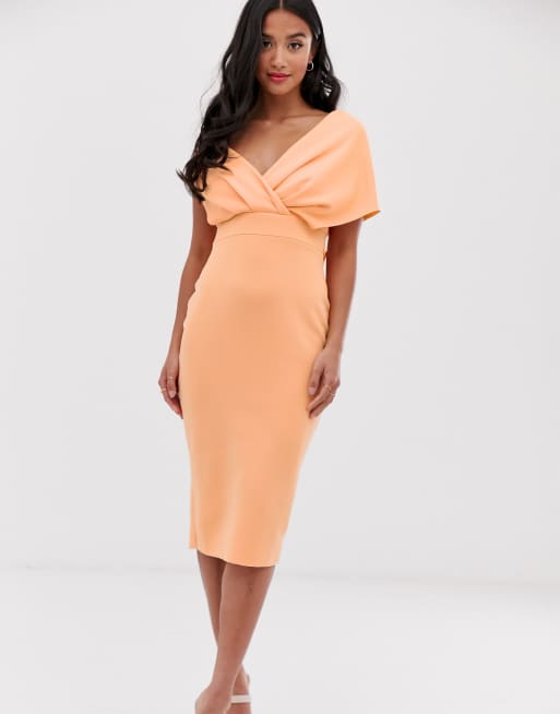 ASOS DESIGN Maternity fallen shoulder midi pencil dress with tie detail