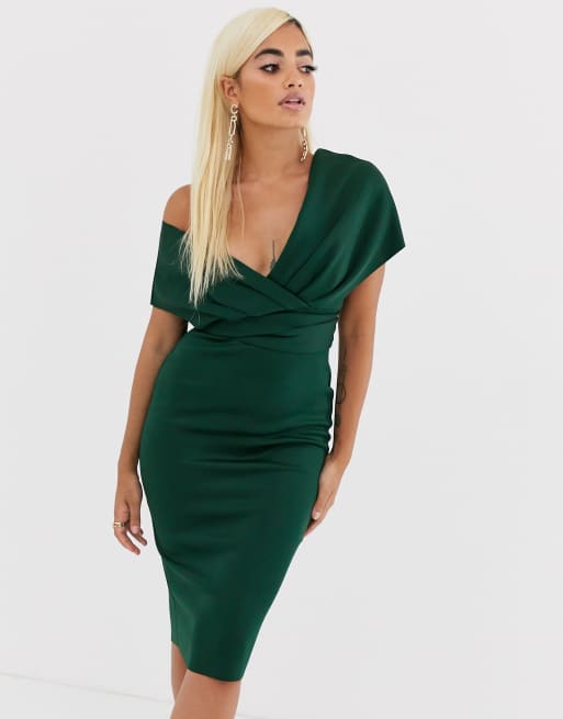 Asos design fallen shoulder midi shop pencil dress with tie detail