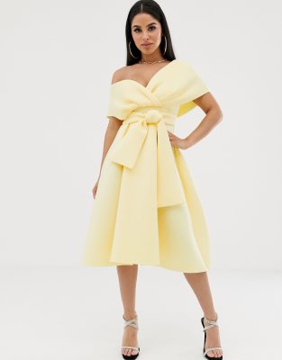 asos design fallen shoulder prom dress with tie detail