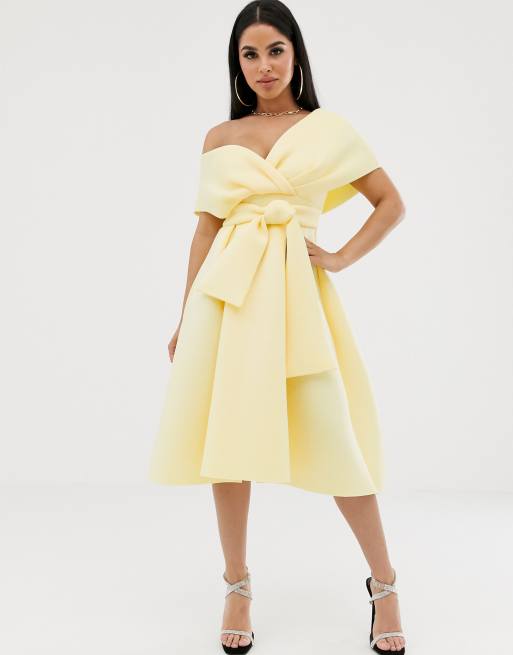 ASOS DESIGN Petite fallen shoulder midi prom dress with tie detail