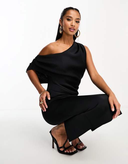 ASOS DESIGN Petite fallen shoulder pleat back midi dress in black