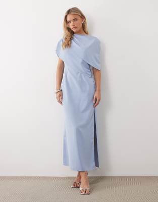 Asos Petite Asos Design Petite Fallen Shoulder Slinky Midaxi Dress In Blue