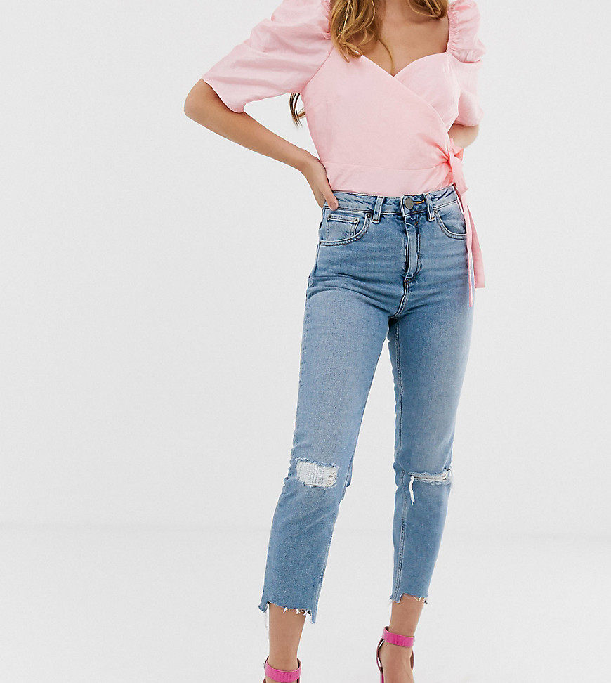ASOS DESIGN Petite Farleigh high waisted slim mom jeans in light vintage wash with busted knee and rip & repair detail-Blue