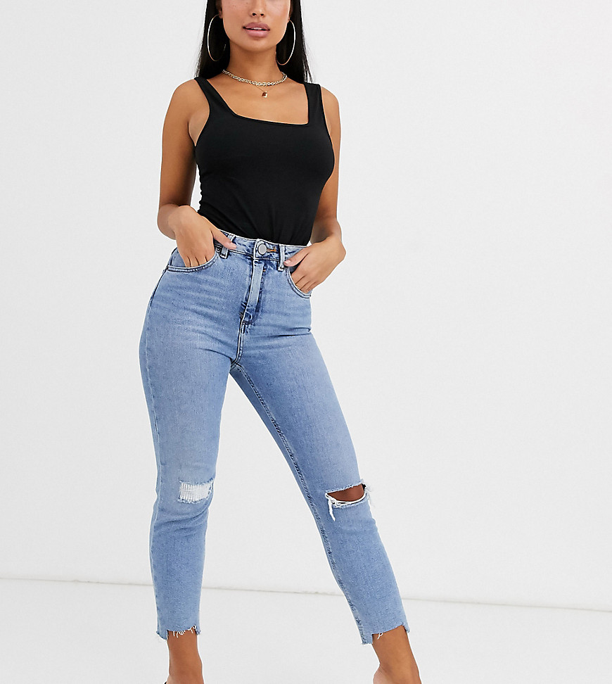 ASOS DESIGN Petite Farleigh high waisted slim mom jeans in light vintage wash with slashed rips & raw hem detail-Blue