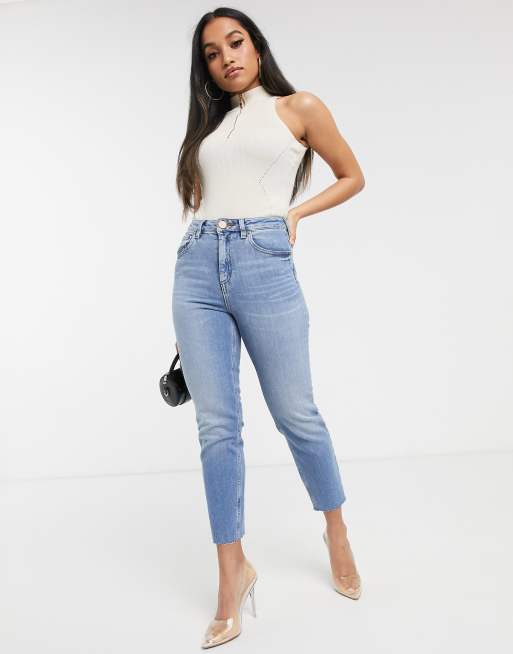 ASOS DESIGN Petite Farleigh high slim mom jeans in pretty bright wash blue with raw hem | ASOS