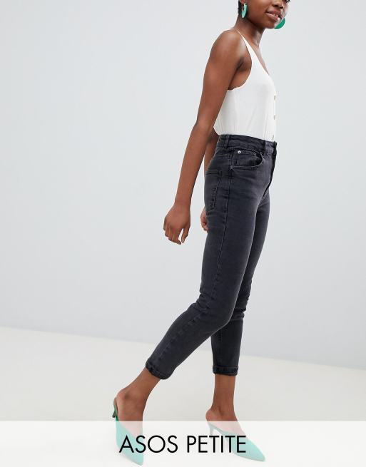 ASOS DESIGN Petite Farleigh high waisted slim mom jeans in washed black ...