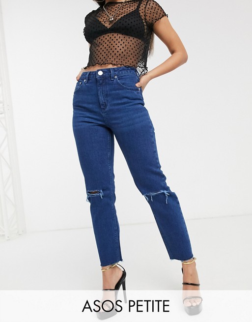 ASOS DESIGN Petite Farleigh high waisted slim mom jeans with rips in bright blue wash with raw hem