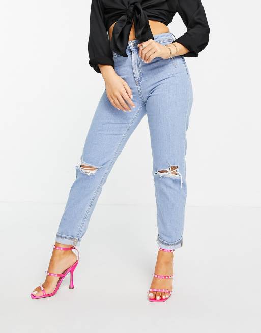 ASOS DESIGN Petite – Farleigh – Ljusblå smala mom jeans med hög midja och revor, 4 av 4