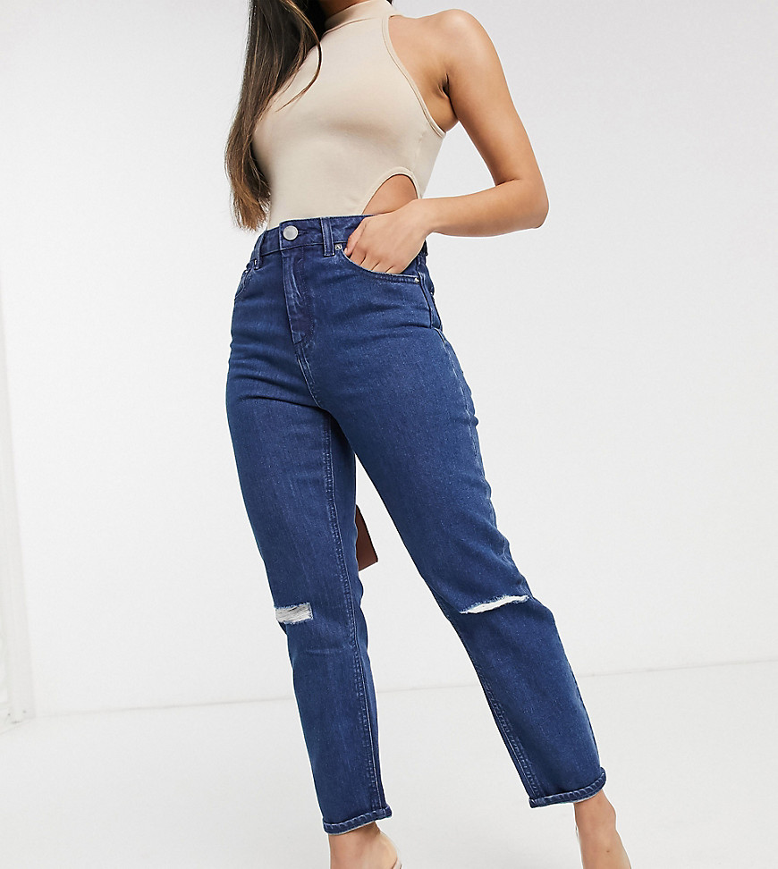 ASOS DESIGN Petite - Farleigh - Smalle mom jeans met hoge taille en scheuren in blauwe French workwear wassing
