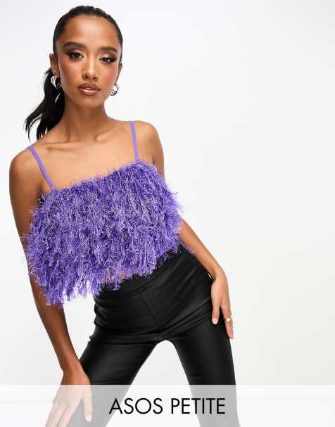 ASOS DESIGN Petite faux feather crop cami in purple  - view 1