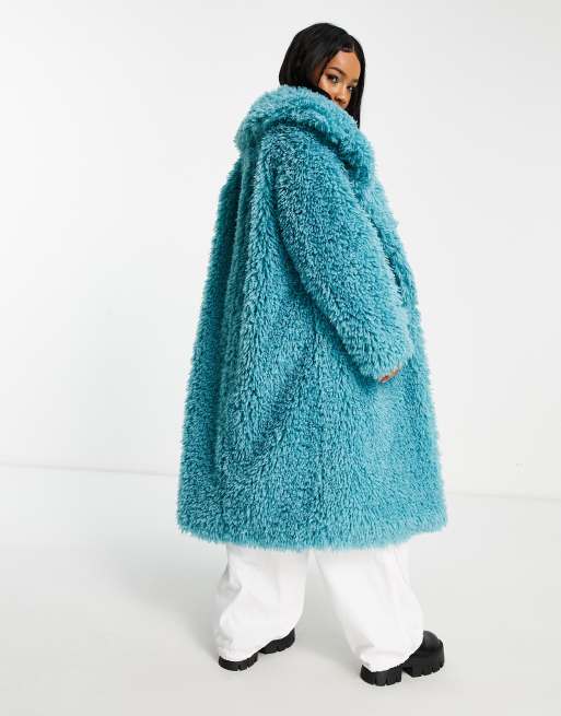 Monki Faux Fur Jacket In Bright Blue