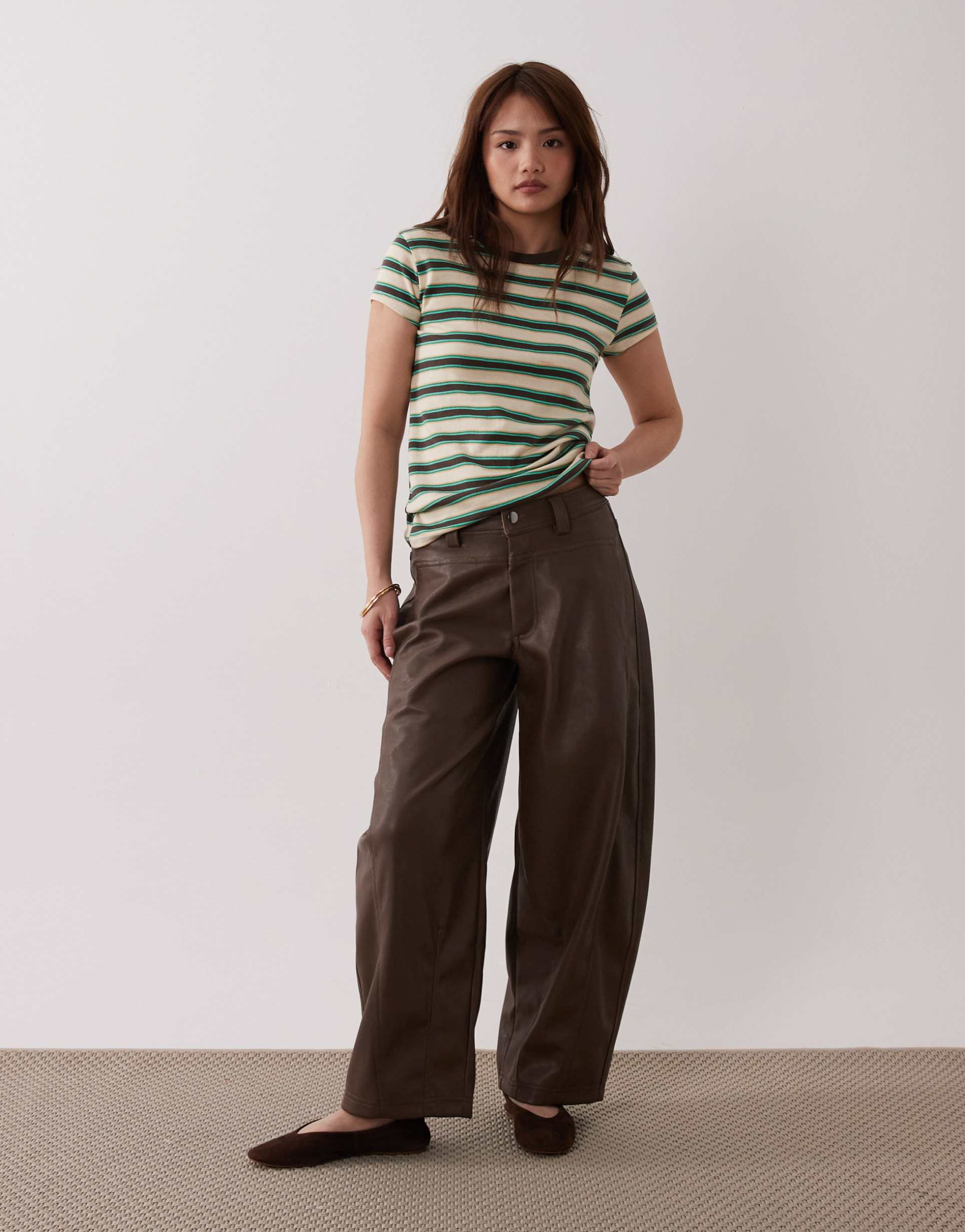 asos design petite faux leather barrel leg pants with seam detail in brown