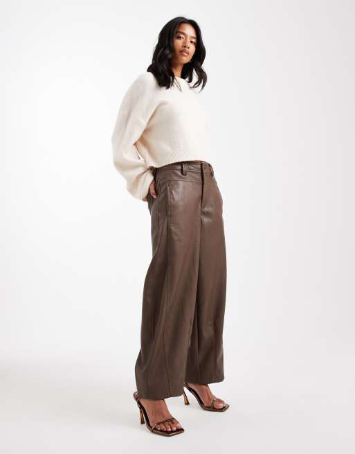 ASOS DESIGN Petite faux leather barrel leg trousers with seam detail in brown