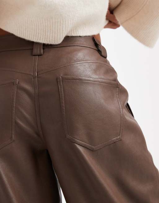 ASOS DESIGN Petite faux leather barrel leg trousers with seam detail in brown
