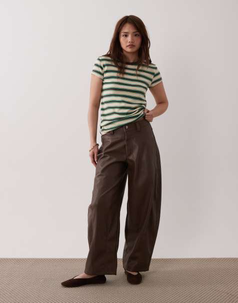 ASOS DESIGN petite faux leather barrel leg trousers with seam detail in brown - view 1