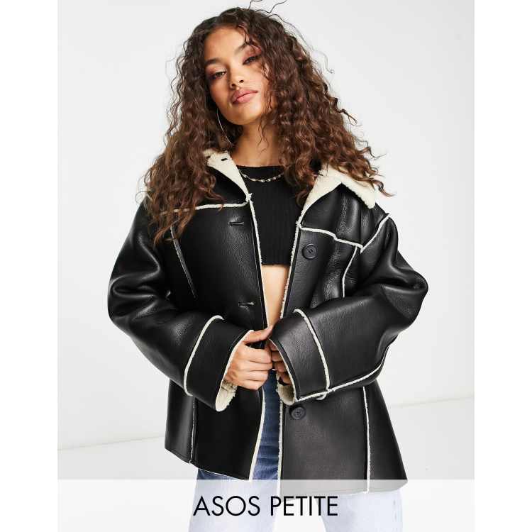 ASOS DESIGN Petite faux leather bonded borg shacket in black ASOS