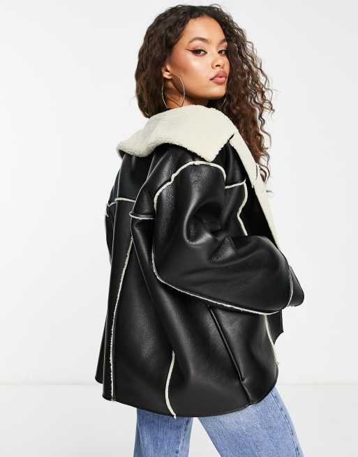 ASOS DESIGN Petite faux leather bonded borg shacket in black, 2 of 4