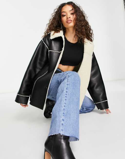 ASOS DESIGN Petite faux leather bonded borg shacket in black, 3 of 4