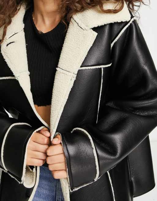 ASOS DESIGN Petite faux leather bonded borg shacket in black, 4 of 4