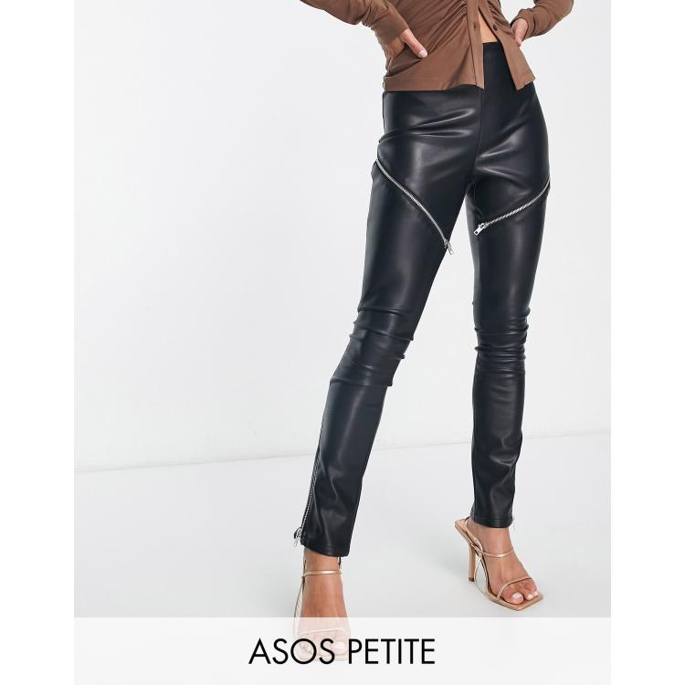 ASOS DESIGN Petite faux leather cigarette pant with zips in black