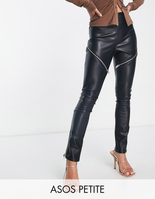 ASOS DESIGN Petite faux leather cigarette trouser with zips in black