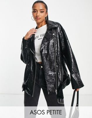 ASOS DESIGN Petite faux leather croc longline biker jacket in black  - ASOS Price Checker