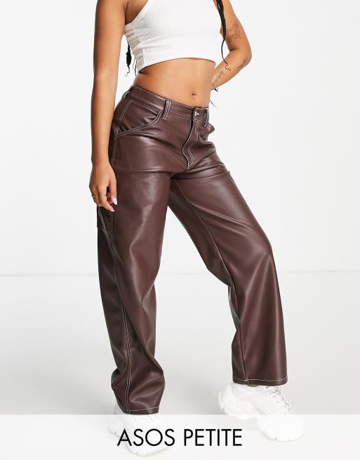 ASOS DESIGN Petite faux leather minimal cargo pants in chocolate with  contrast stitch