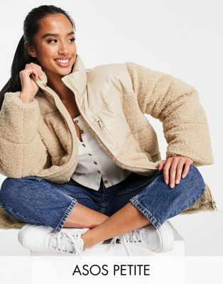 ASOS DESIGN Petite faux leather patched fleece puffer jacket in beige