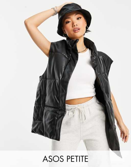 ASOS DESIGN Petite faux leather puffer vest in black | ASOS