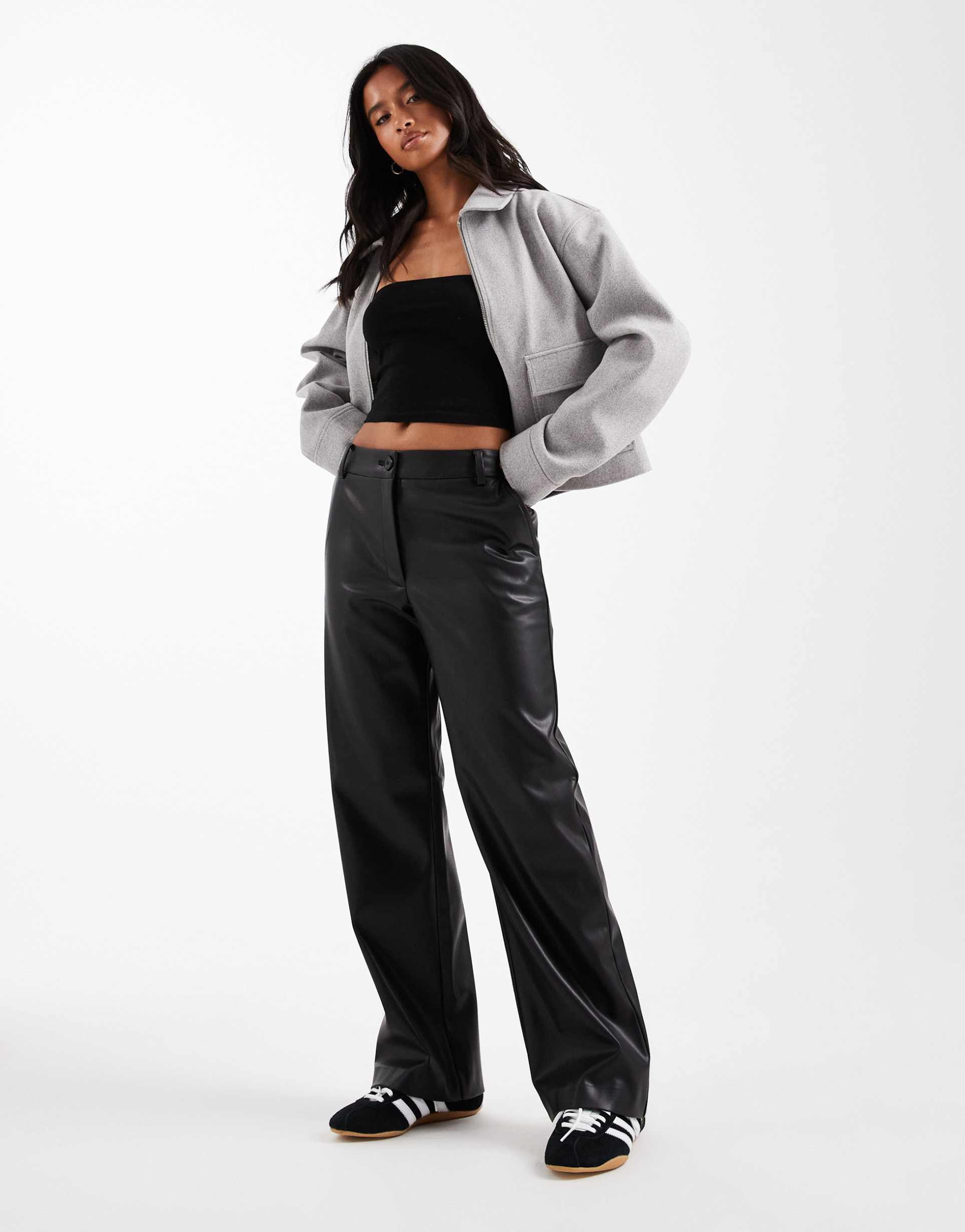 asos design petite faux leather straight leg pants in black