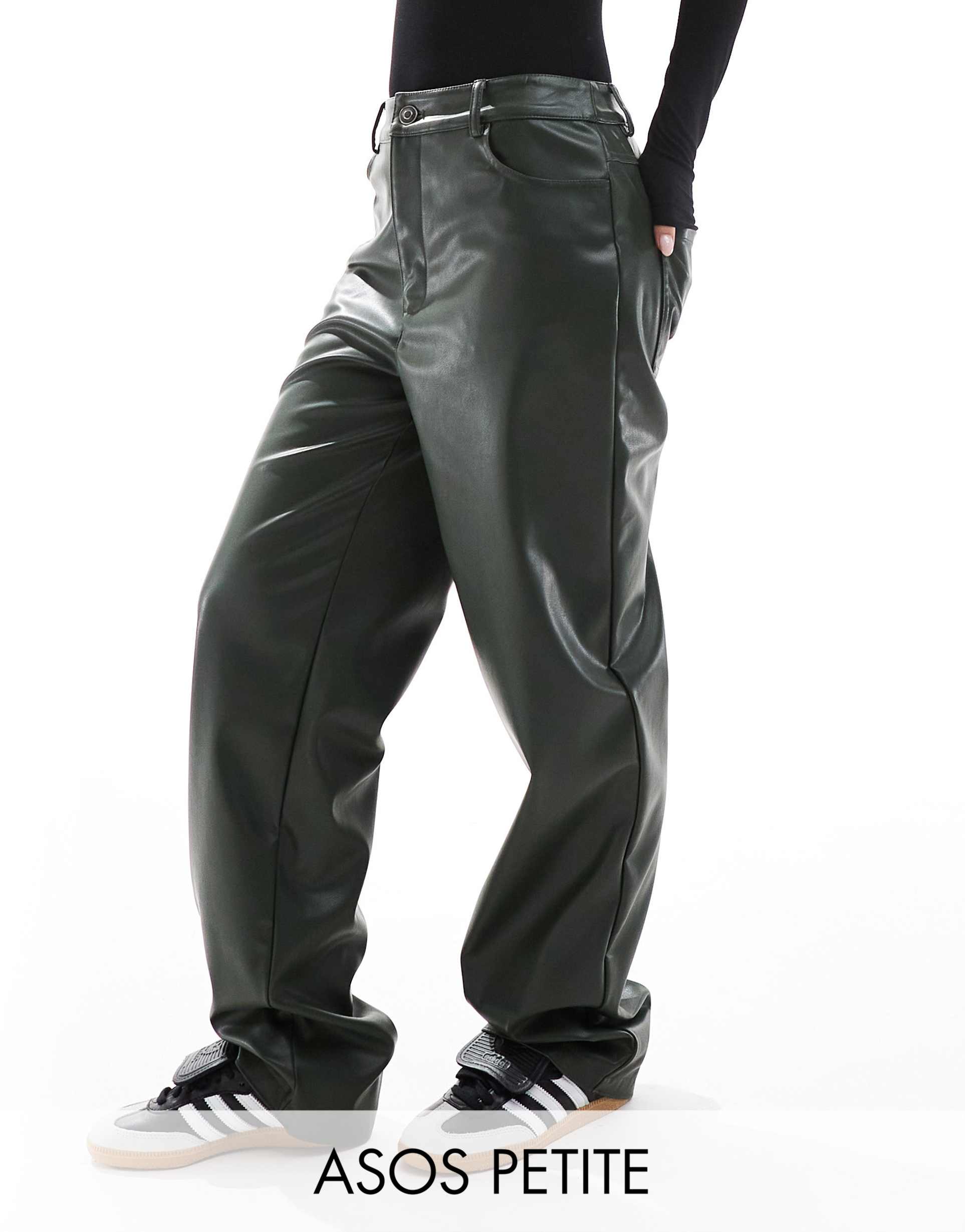 asos design petite faux leather straight leg pants in green