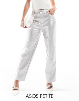 ASOS DESIGN Petite faux leather straight leg pants in silver