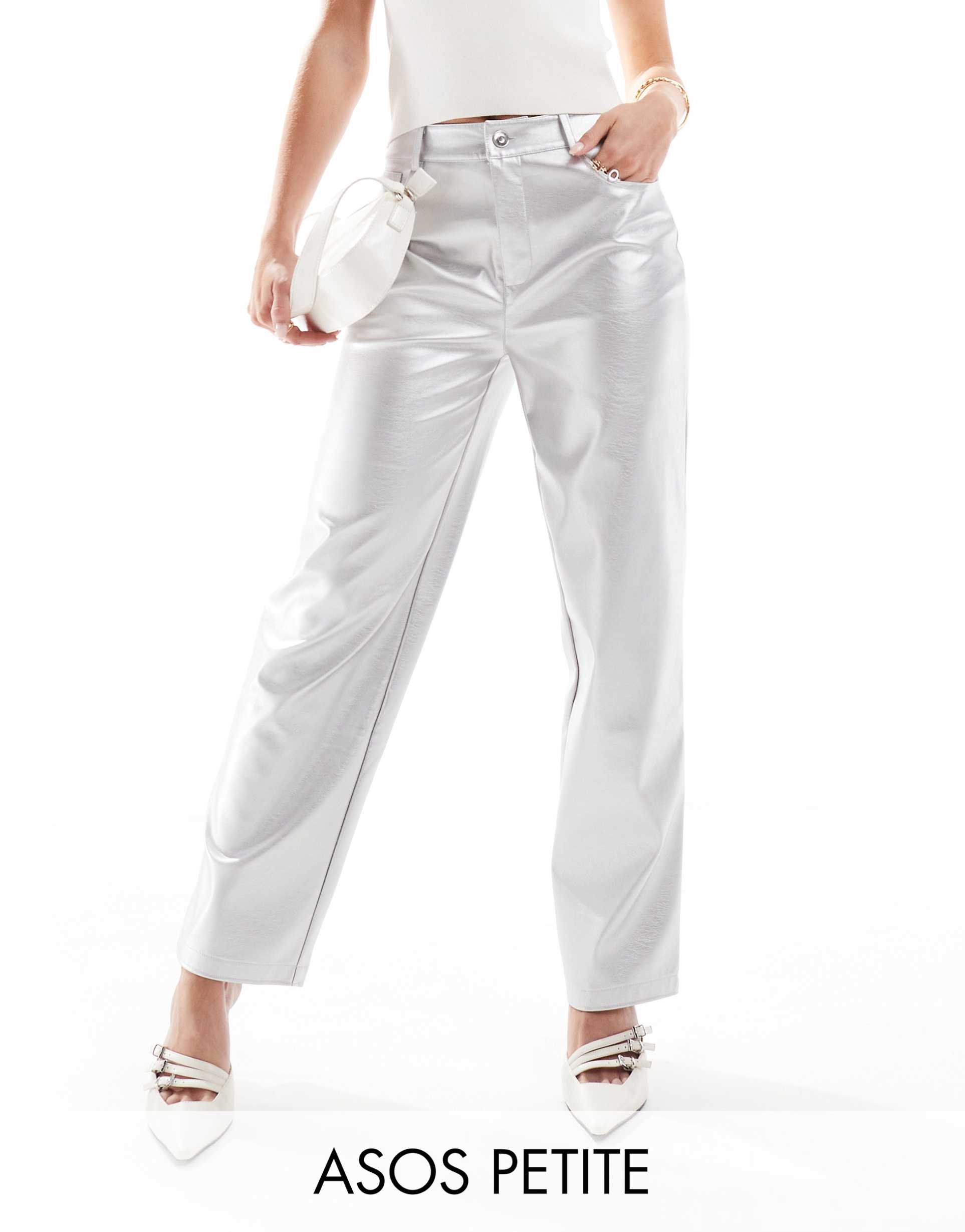 asos design petite faux leather straight leg pants in silver