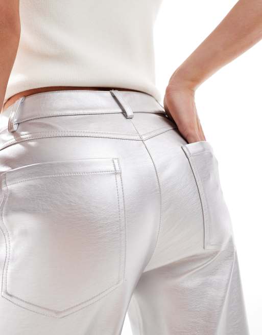 ASOS DESIGN Petite faux leather straight leg pants in silver