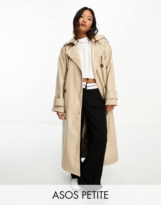 Pull&Bear belted faux leather trench coat in khaki