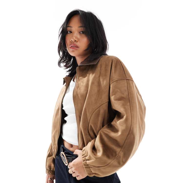 ASOS DESIGN Petite faux suede bomber jacket in mocha | ASOS