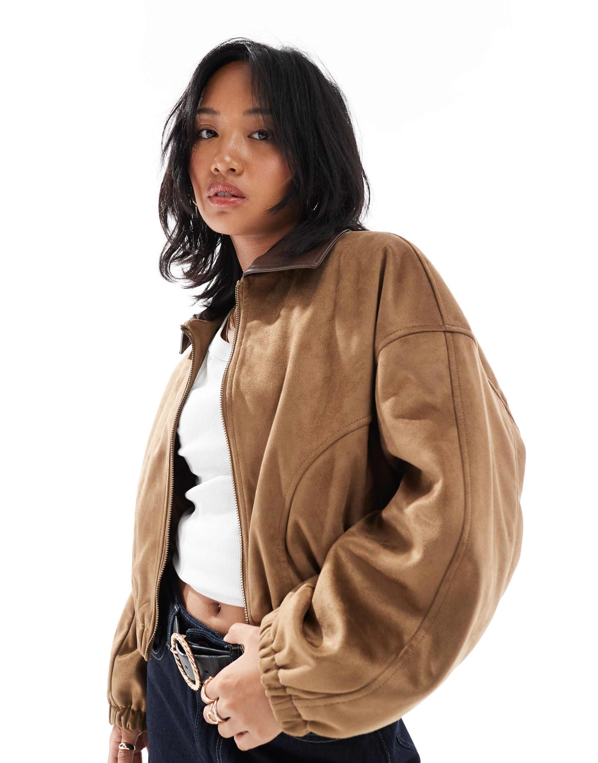 asos design petite faux suede bomber jacket in mocha