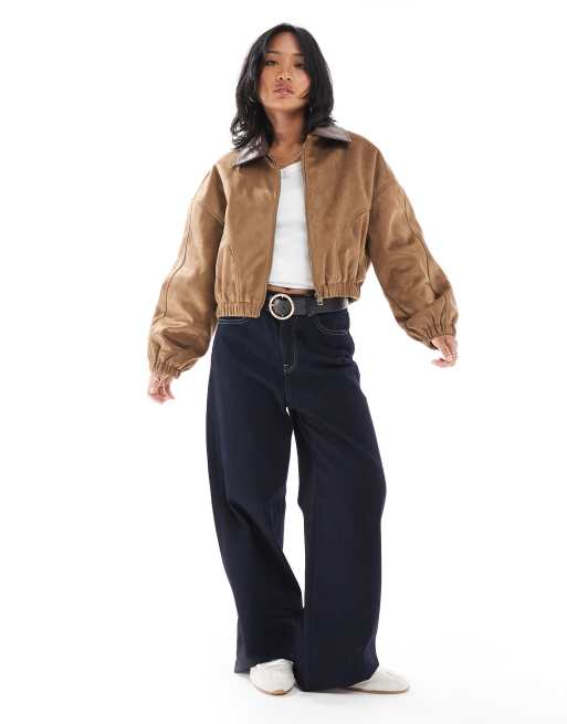 ASOS DESIGN Petite faux suede bomber jacket in mocha
