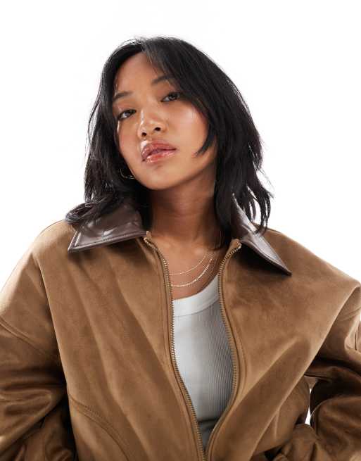 ASOS DESIGN Petite faux suede bomber jacket in mocha