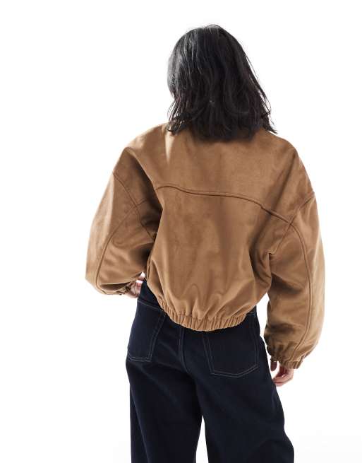 ASOS DESIGN Petite faux suede bomber jacket in mocha