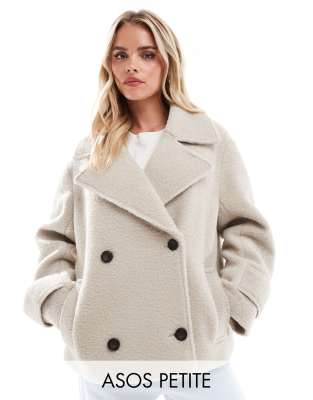 ASOS DESIGN Petite faux wool pea coat in cozy boucle-Neutral