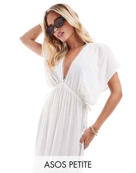 ASOS DESIGN Petite Faye flutter sleeve maxi beach dress with channelled tie waist in white - view 1