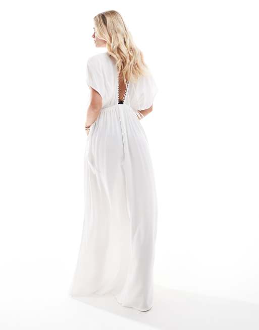 ASOS DESIGN Petite Faye flutter sleeve maxi beach dress with channelled tie waist in white ASOS