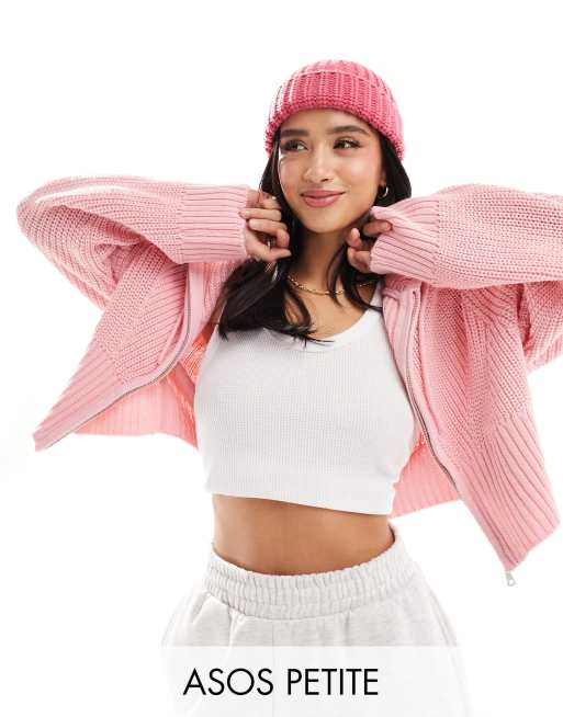 ASOS DESIGN Petite - Felpa in maglia rosa con cappuccio e zip