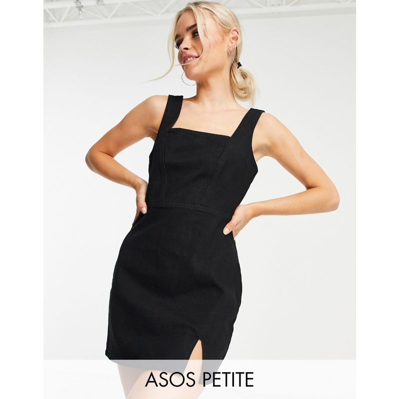 DESIGN Petite – Figurbetontes Kleid aus Jeansstoff im Trägerkleid-Stil mit Naht in Schwarz