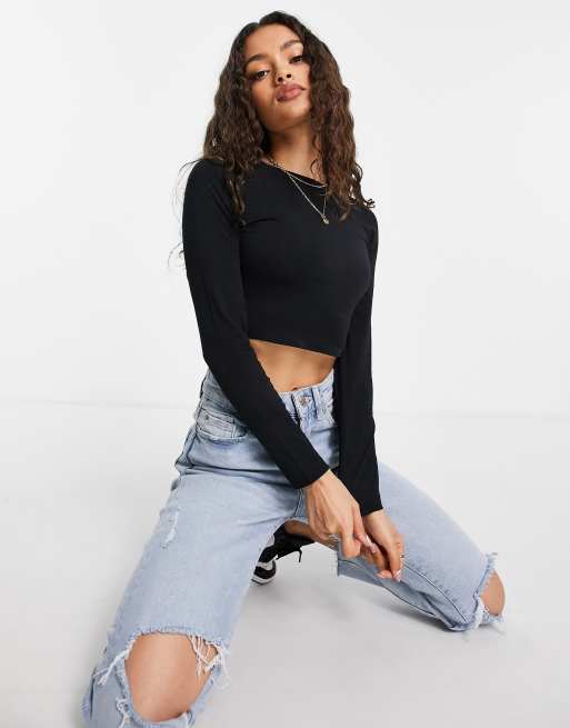 ASOS DESIGN Petite fitted crop t-shirt with long sleeve in black