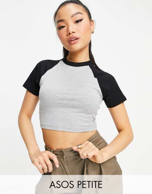 ASOS DESIGN Petite fitted crop top with contrast raglan sleeve in grey and black