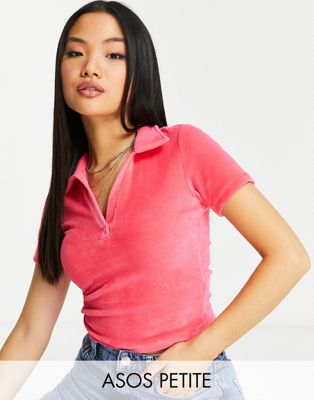 ASOS DESIGN Petite fitted polo in velour in bright pink