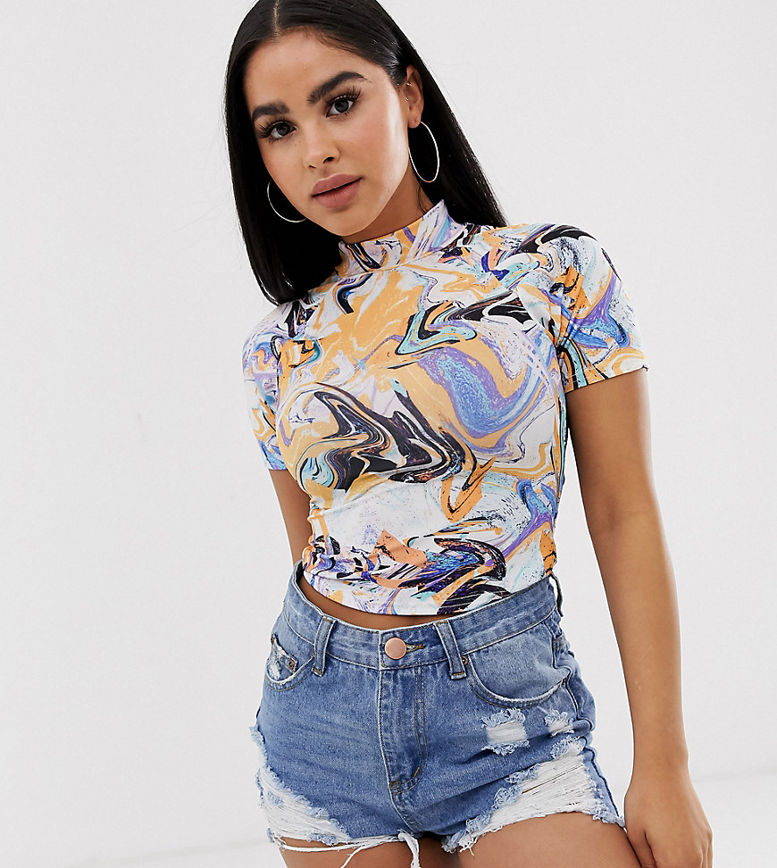 ASOS DESIGN Petite fitted top in marble print with short sleeve-Multi