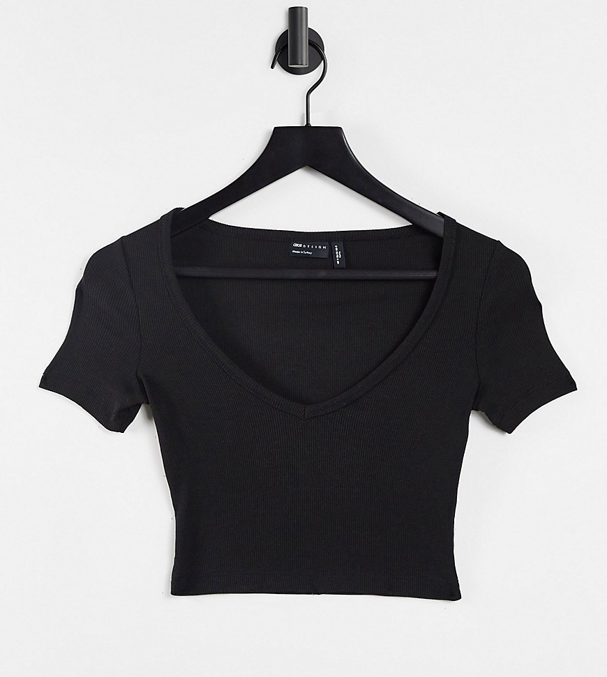 ASOS DESIGN Petite fitted v neck t-shirt in rib in black